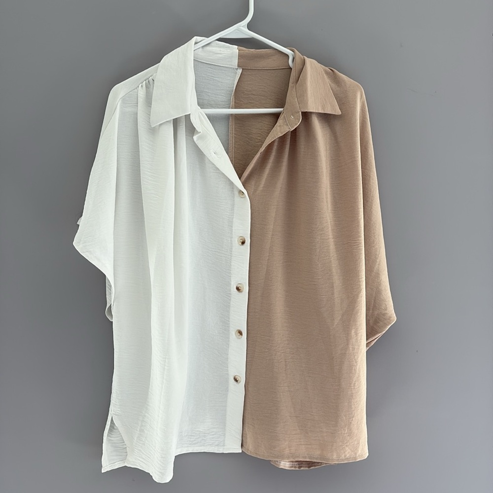 SHEIN Two-Tone Button Down Shirt - White and Tan
